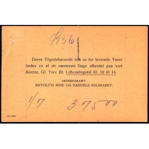 Kryolith Mine og Handels Selskabet - Kbh.K  - u/n - Brugt. - Hul fra Snor !