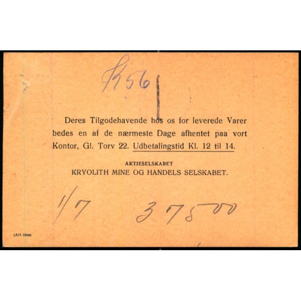 Kryolith Mine og Handels Selskabet - Kbh.K  - u/n - Brugt. - Hul fra Snor !