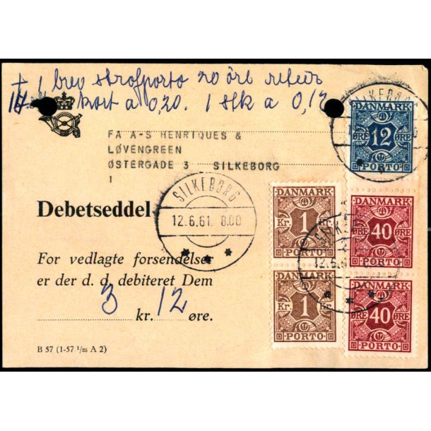 Efterporto - Debetseddel Silkeborg 12 - 6 - 61 -  3 kr. 12 re + 1 brev Strafporto 20 re Retur m.m.