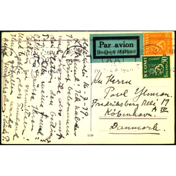 Luftpost Postkort fra Finland til Danmark - 17 - 7 - 1940