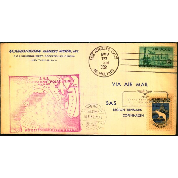 Luftpost Brev fra U.S.A. til Danmark - Polarflyvning - 20 - 11 - 52