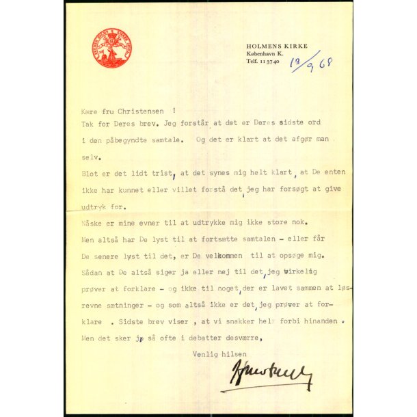 Autograf - Brev fra Holmens Kirke - Harald Sandbk - 1968