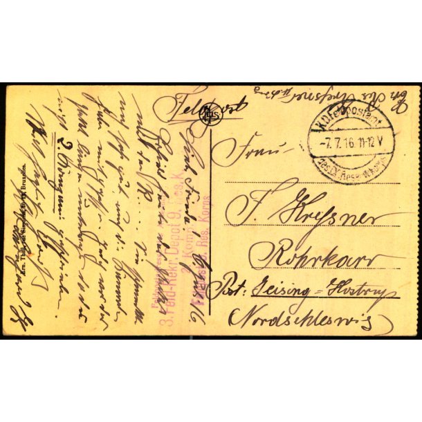 Feldtpost - 7 - 7- 16 - Til Nordschlesvig  - Forside : Dinant