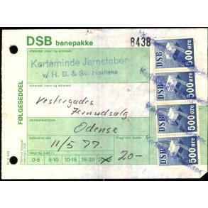 Banepakke DSB - Flgeseddel - 11 - 5 - 77 - 4x500 re - Stemplet