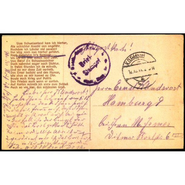 Feldpost - K.D. Feldpost  12 - 12 -17 - Til Hamburg - Billedside : Portrt.