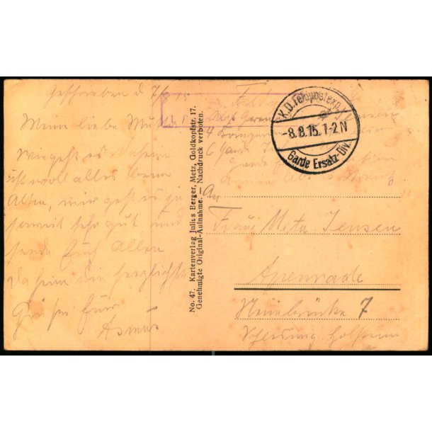 Feldpost - K.D. Feldpostxped.   8 -8 -15 - Til Apenrade - Billedside : Combres