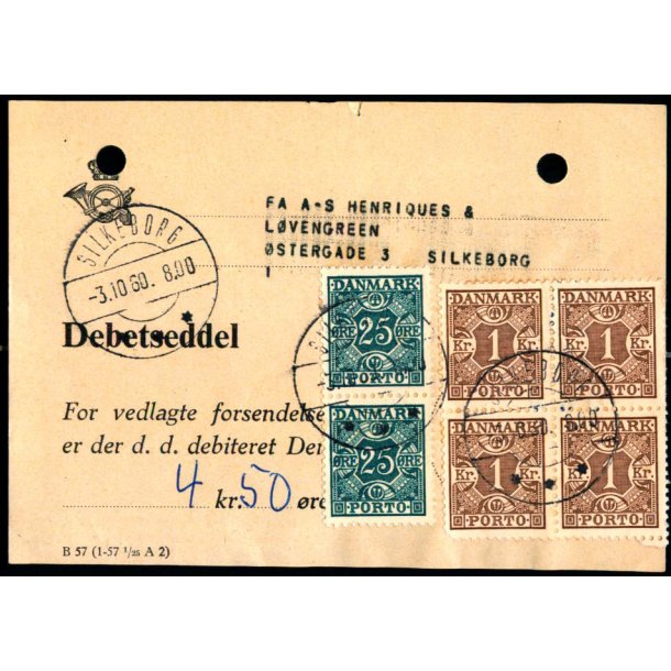 Efterporto - Debetseddel Silkeborg 3 - 10 - 60 -  4 kr. 50 re - Arkivhuller!