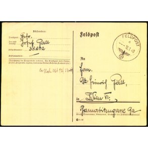 Tysk Feldpostkort - Feldpoststempel  15 - 1 - 40 - Til Wien VI - No. 38802