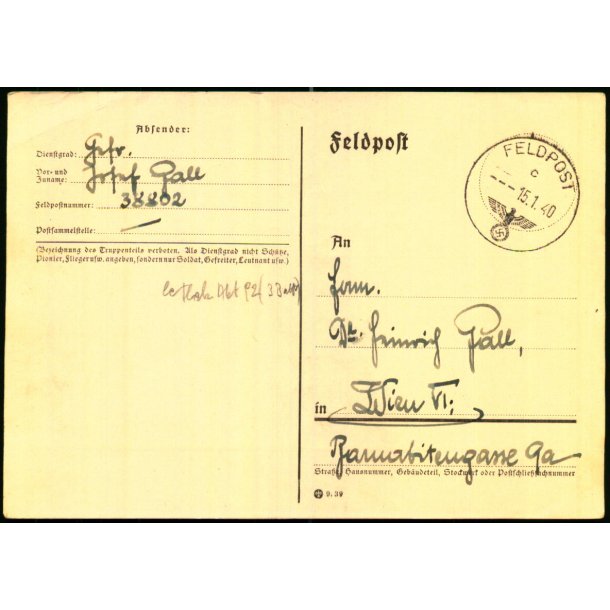 Tysk Feldpostkort - Feldpoststempel  15 - 1 - 40 - Til Wien VI - No. 38802