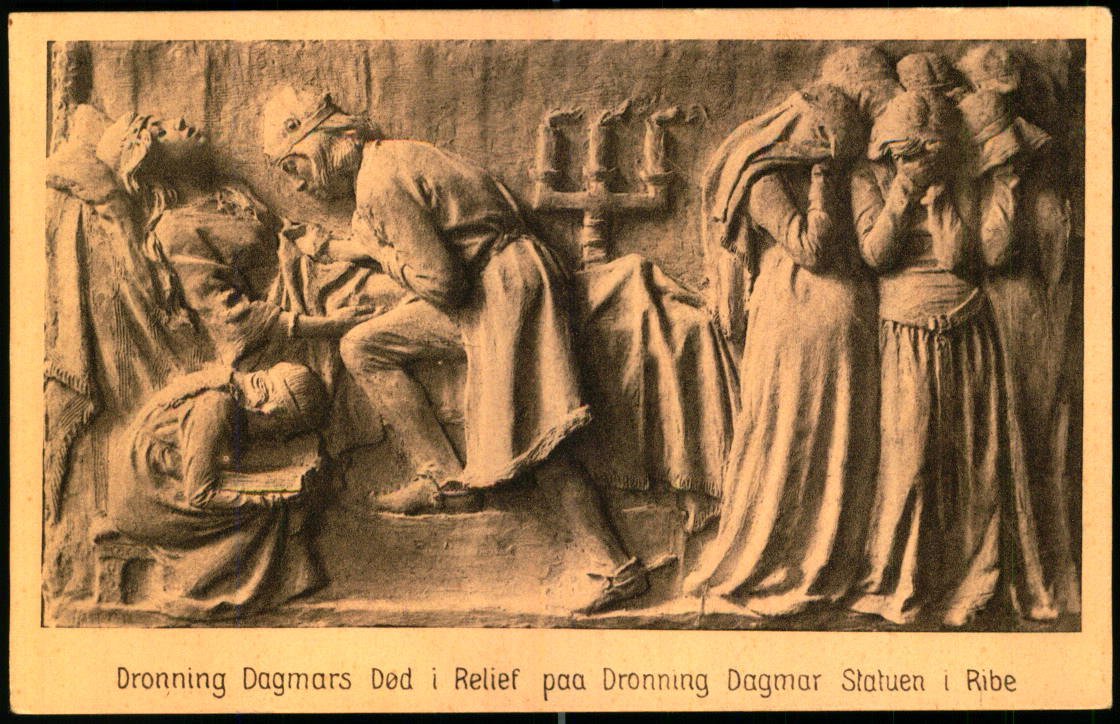 Dagmars Død i relief på Dronning Dagmar Statuen i Ribe - Ribe Turist 58690 - Ubrugt - 6760 Ribe Samlerhuset