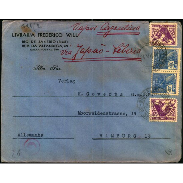Luftpost - Censurbrev fra Brasilien  Via Sebirien - Argentina  24 - 7 - 40 - Til Hamburg