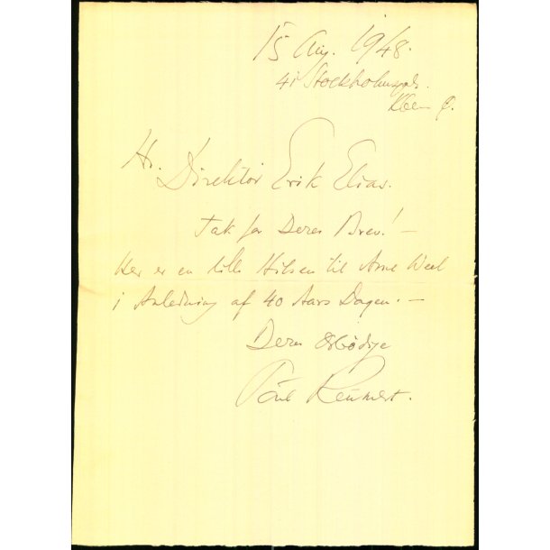 Autograf - Brev fra Skuespiller - Poul Reumert - 1948