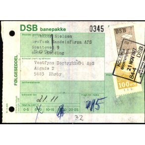 Banepakke DSB - Flgeseddel - 21 - 11 - 77 - 1x14 Kr. - 1x100 re - Stemplet