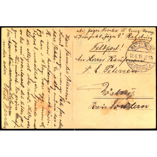 Feldpost - Ratzeburg  12 -6 - 15  - Til Dstrup - Tnder - Billedside : Ratzeburg