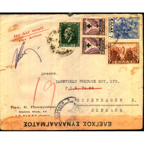 Luftpost - Censurbrev fra Grkenland  2 - 10 - 42 - Til Danmark
