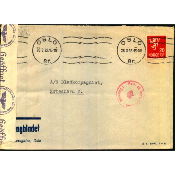 Censurbrev fra Norge  26 - 3 - 42 - Til Danmark