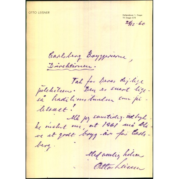 Autograf - Brev fra Otto Leisner - 1960