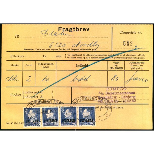 Fragtbrev - 4 x 90 re Fr IX Prov. - Fra Esbjerg til Fan 18. Jan 1971