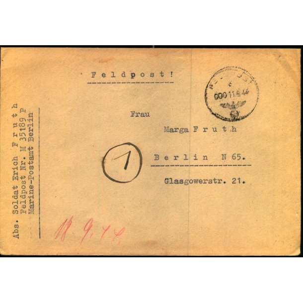 Tysk Feldpostbrev - Feldpoststempel 11 - 9 - 44 - Feldpost No. 35189 P - Til Berlin