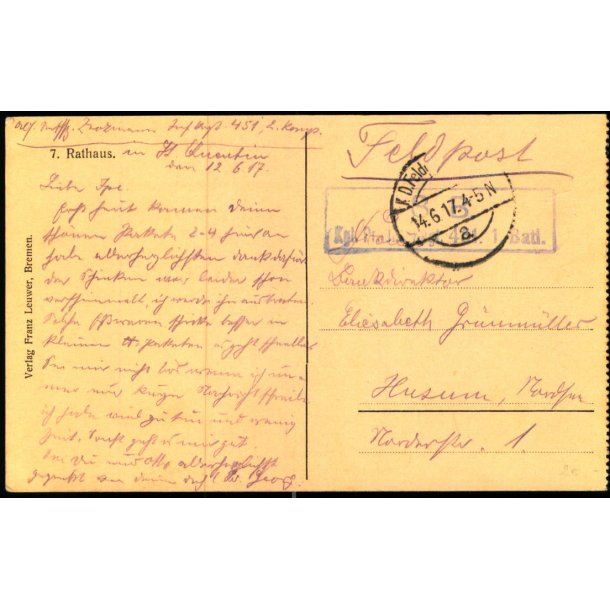 Feldpost - K.D. Feldpost  14 - 6 -17 - Til Husum - Billedside : Rathaus.