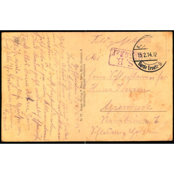 Feldpostkarte - K.D. Feldpostxped.   15 -2 -14 - Til Apenrade - Billedside : Thiacourt