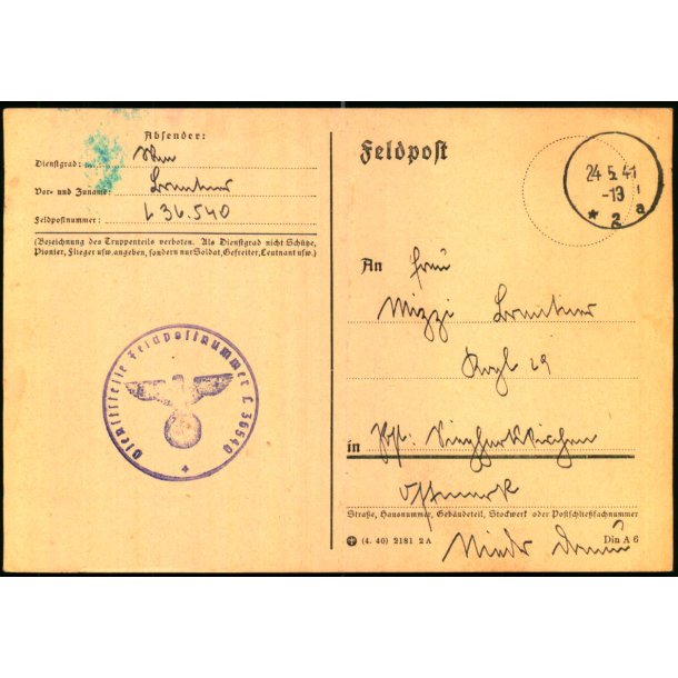 Tysk Feldpostkort - Feldpoststempel  24 - 5 - 41 - Til ?? - No. L 36540