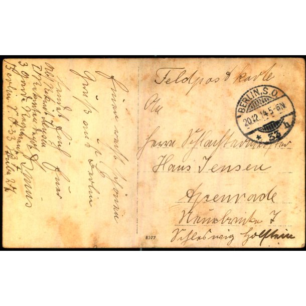 Feldtpostkarte - Berlin 20 - 12 - 14 - Til Apenrade  - Forside : Soldater