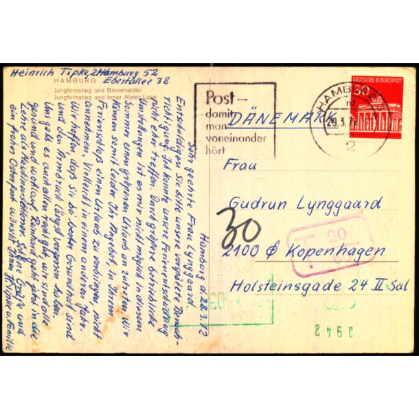 Efterporto - Postkort fra Tyskland  29 - 3 - 1972 - Efterporto 30 re.