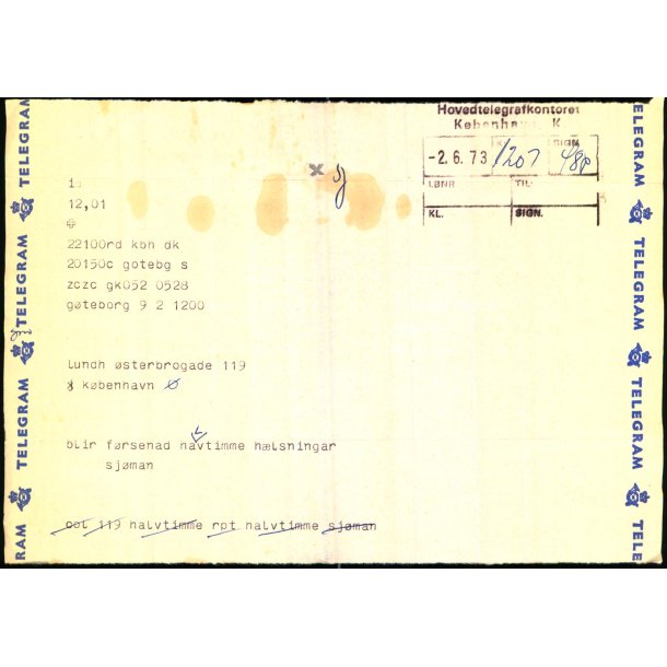Telegram fra Geteborg - 2 - 6 - 73  - Til Kbenhavn