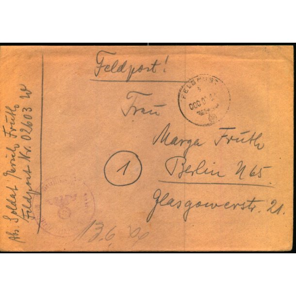 Tysk Feldpostbrev - Feldpoststempel  02 - 6 - 44 - Feldpost No. 02603 W - Til Berlin N. 65