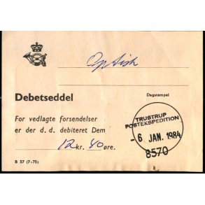 Efterporto - Debetseddel Trustrup  6 - jan. 1984 -  12 kr. 40 re 