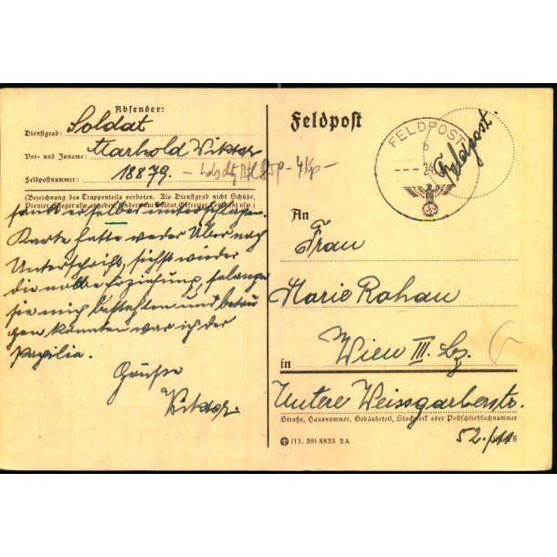 Tysk Feldpostkort - Feldpoststempel  24 - 2 - 40 - Til Wien III - No. 18879