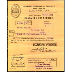 Danske Ph�nix - Pr�miekvittering - 1940