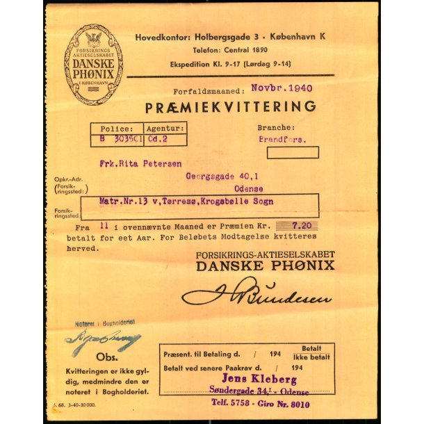 Danske Ph�nix - Pr�miekvittering - 1940