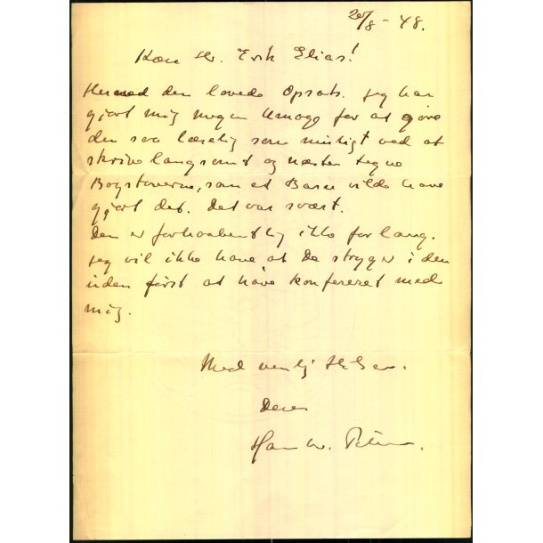 Autograf - Brev fra Skuespiller - Hans W. Petersen - 1948