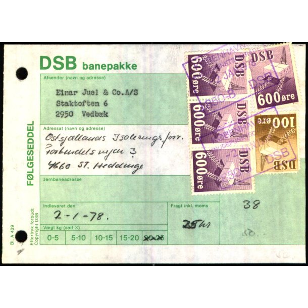Banepakke DSB - Flgeseddel - 2 - 1 - 78 - 4x600 re - 1x100 re - Stemplet