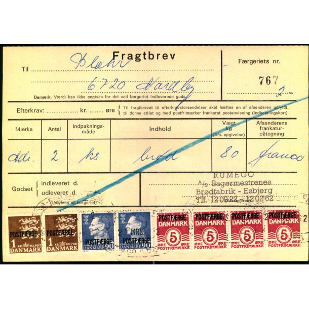 Fragtbrev - 2x 1kr Rigsvben - 4x5 re Blge. 2x 90 re  Prov.  - Fra Esbjerg til Fan 21. Mar. 1962