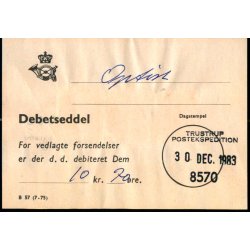 Efterporto - Debetseddel Trustrup  30 dec. 1983 -  10 kr. 70 re 