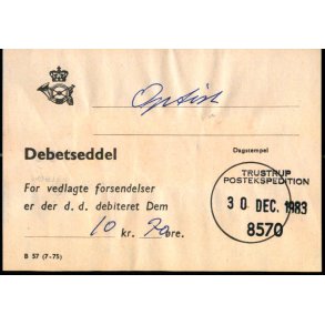 Efterporto - Debetseddel Trustrup  30 dec. 1983 -  10 kr. 70 re 