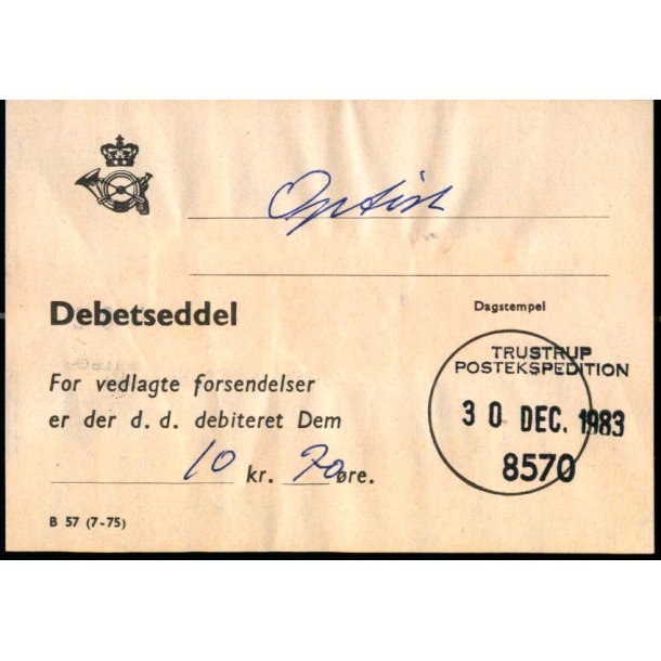Efterporto - Debetseddel Trustrup  30 dec. 1983 -  10 kr. 70 re 