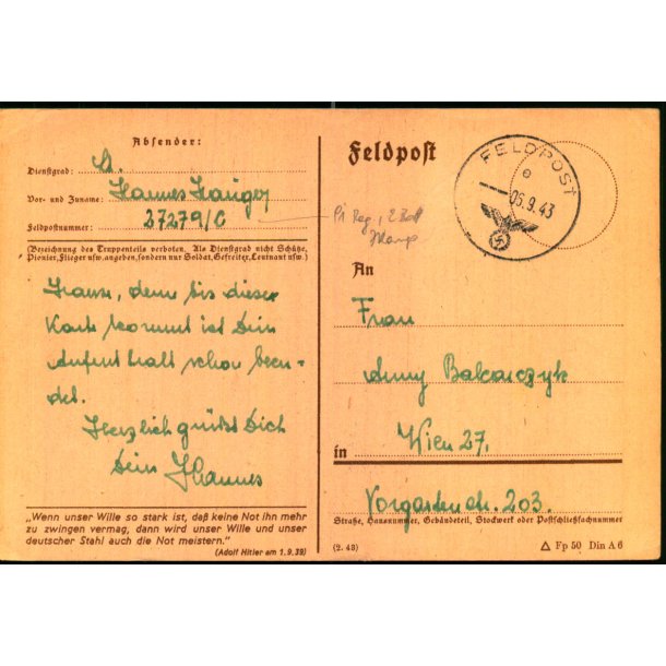 Tysk Feldpostkort - Feldpoststempel  5 - 9 - 43 - Til Wien 27 - No. 27279 C