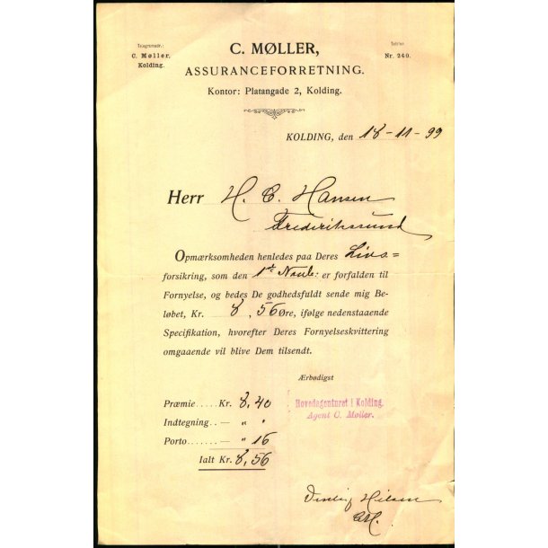 C. M�ller - Assuranceforretning - Kolding 1899