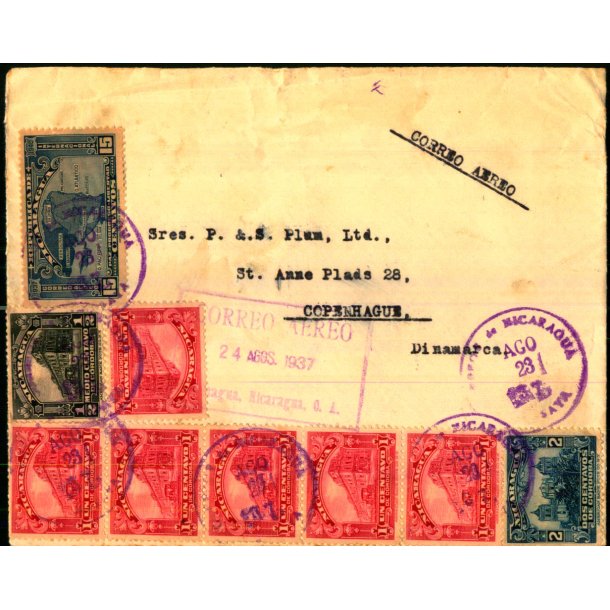 Luftpost Brev fra Nicoragua til Danmark - 24 - 8 - 37