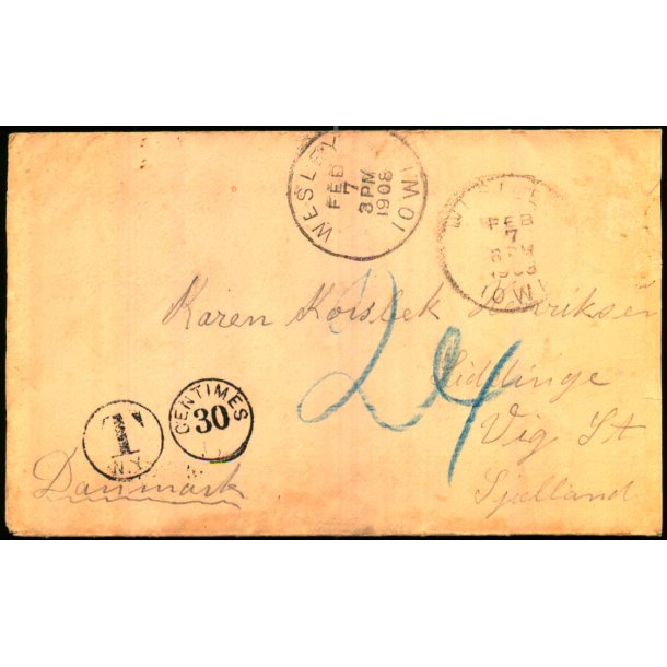 Efterporto - Brev fra Wesly  7 - 2 - 1908 - Efterporto 24 re. - Frimrke mangler 1