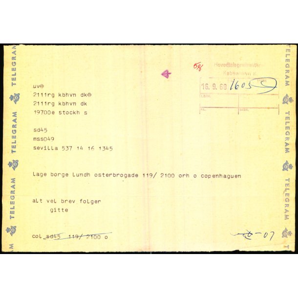 Telegram fra Sevilla - 16 - 9 - 68  - Til Kbenhavn