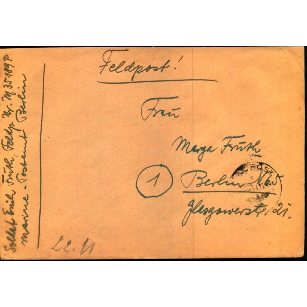 Tysk Feldpostbrev - Feldpoststempel 14 - 11 - 44 - Feldpost No. 35189 P - Til Berlin