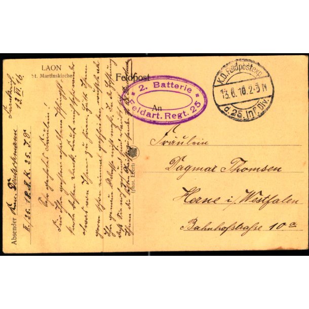 Feldpost - K.D. Feldpost  13 - 6 -16 - Til Herne - Billedside : Laon
