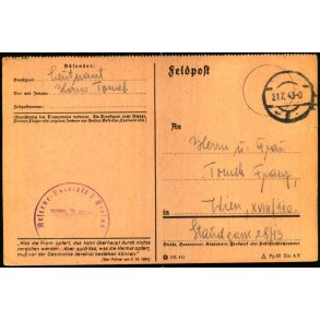 Tysk Feldpostkort - Feldpoststempel  21 - 10 - 43 - Til Wien