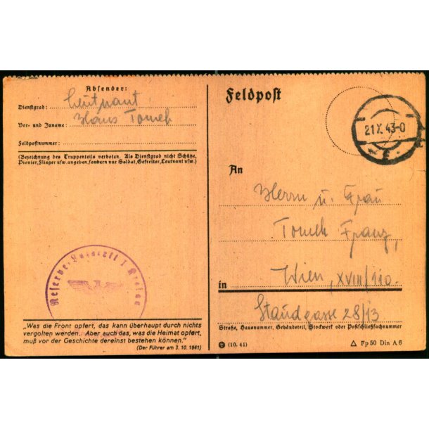 Tysk Feldpostkort - Feldpoststempel  21 - 10 - 43 - Til Wien