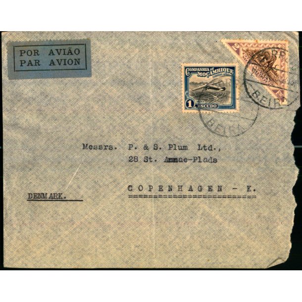 Luftpost Brev fra Mocambique til Danmark - 24 - 3 - 38 - Kuverten revet op !!